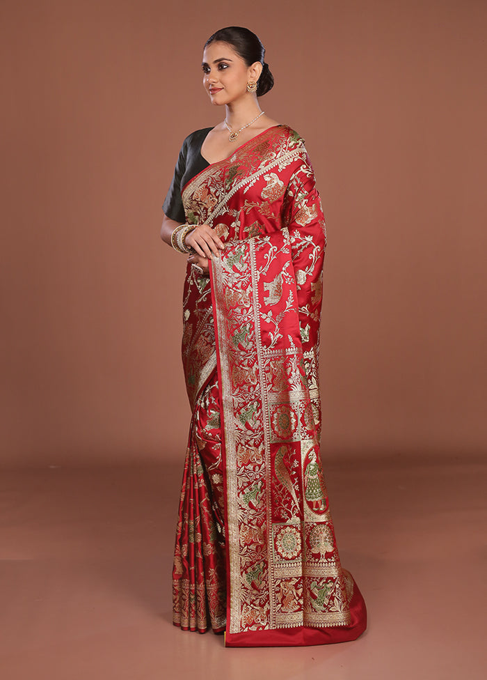 Red Handloom Banarasi Pure Silk Saree With Blouse Piece