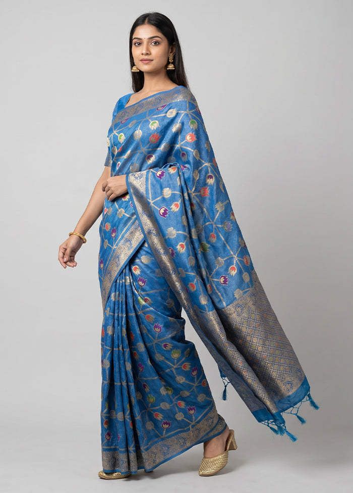 Blue Dupion Silk Saree With Blouse Piece