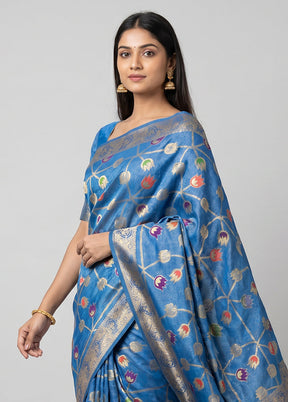 Blue Dupion Silk Saree With Blouse Piece
