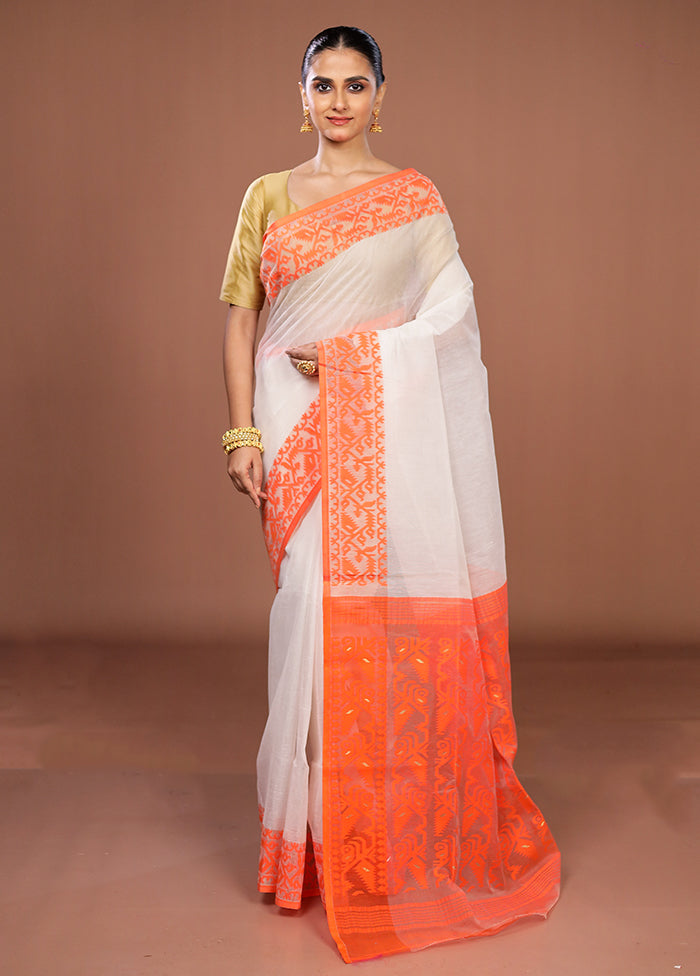 White Jamdani Cotton Saree Without Blouse Piece