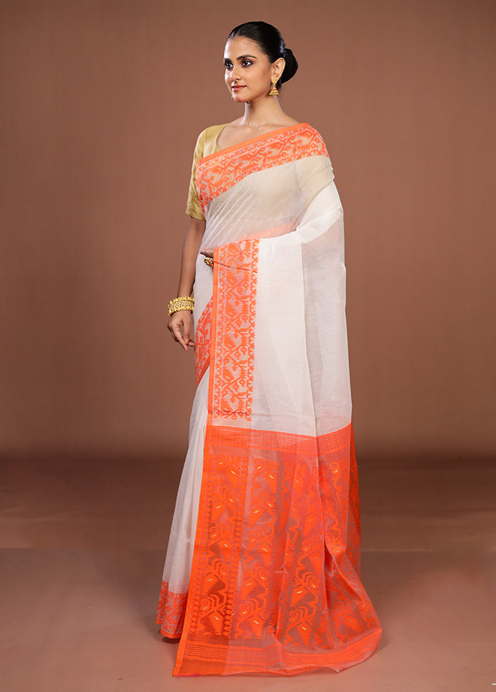 White Jamdani Cotton Saree Without Blouse Piece