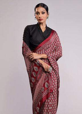 Maroon Printed Silk Saree With Blouse Piece