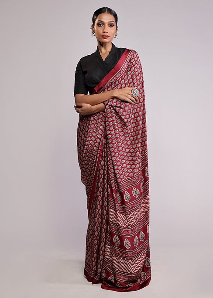 Maroon Printed Silk Saree Without Blouse Piece
