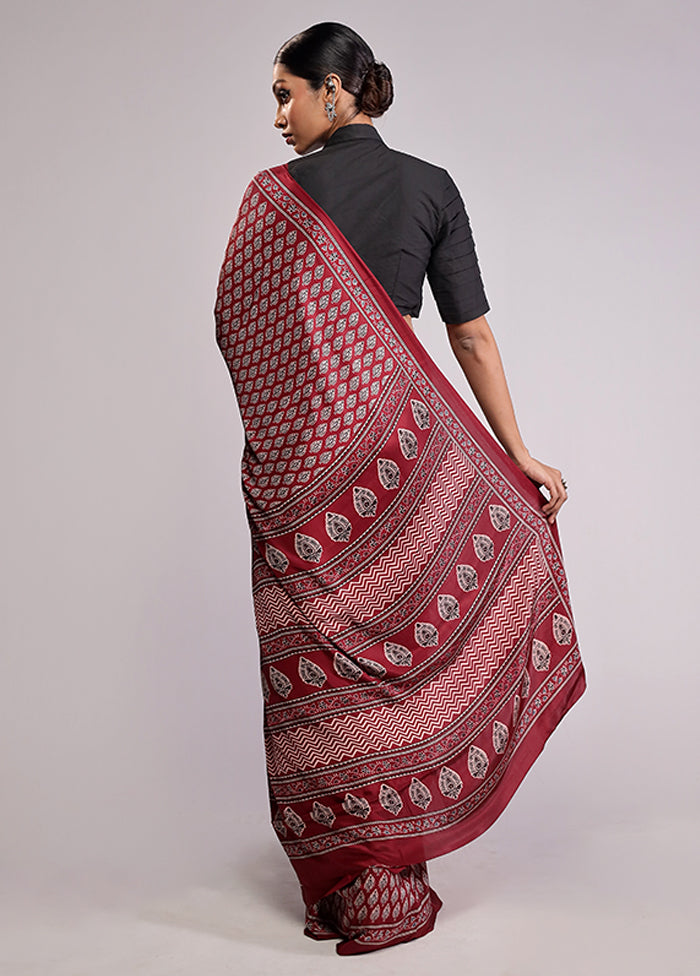 Maroon Printed Silk Saree Without Blouse Piece