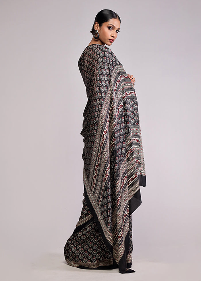 Black Printed Silk Saree Without Blouse Piece