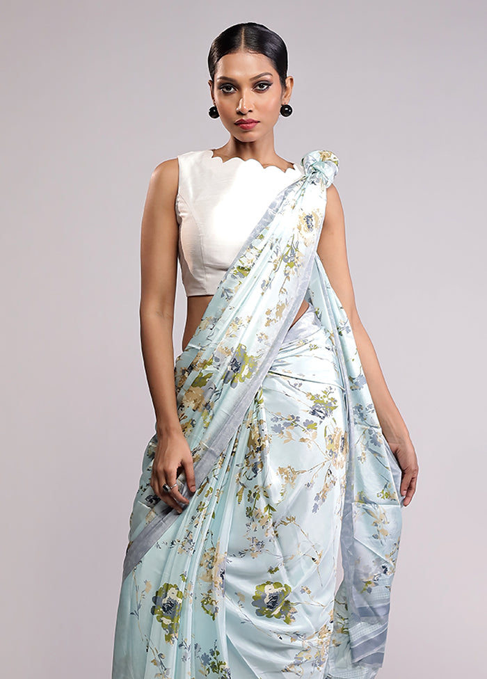 Blue Printed Silk Saree With Blouse Piece