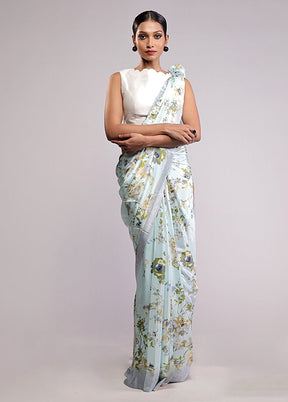 Blue Printed Silk Saree With Blouse Piece