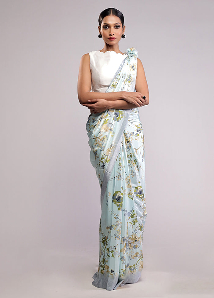Blue Printed Silk Saree With Blouse Piece