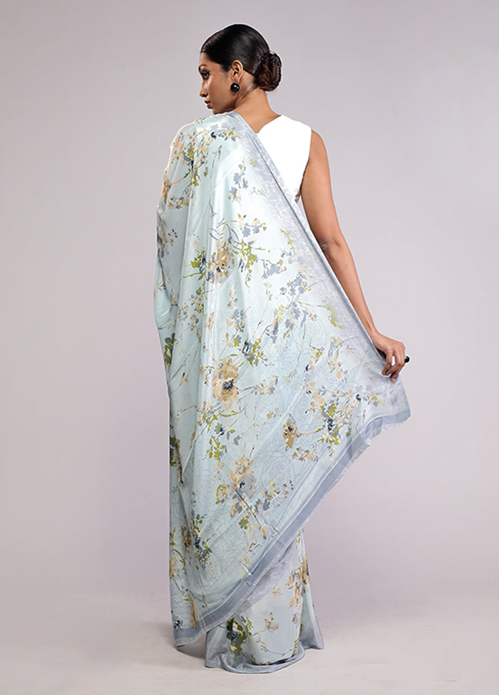 Blue Printed Silk Saree With Blouse Piece