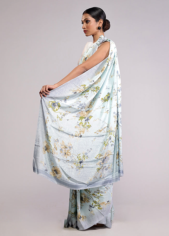 Blue Printed Silk Saree With Blouse Piece