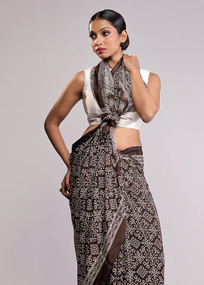 Brown Printed Silk Saree Without Blouse Piece