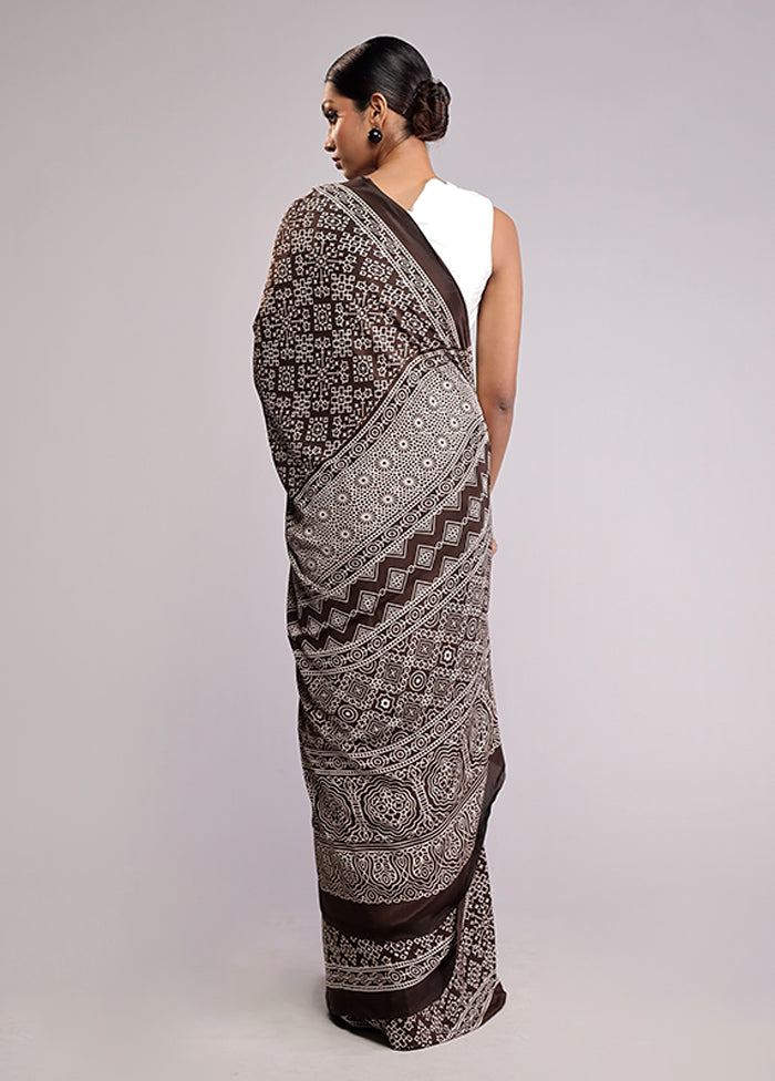 Brown Printed Silk Saree Without Blouse Piece