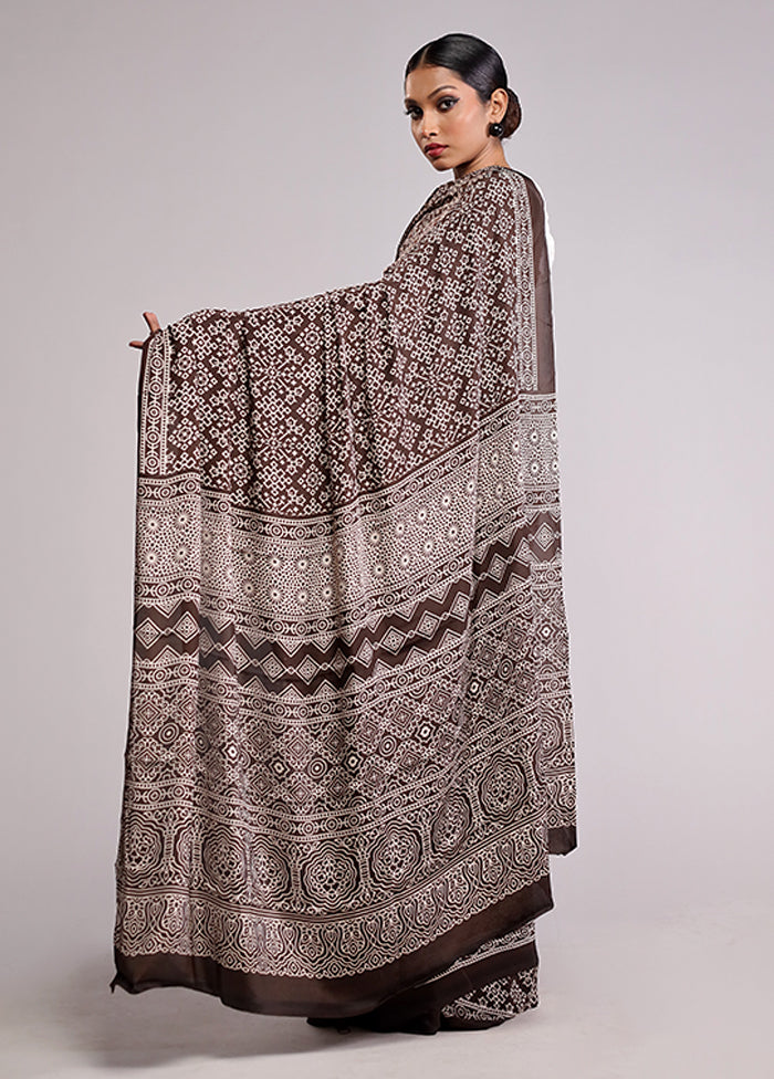 Brown Printed Silk Saree Without Blouse Piece