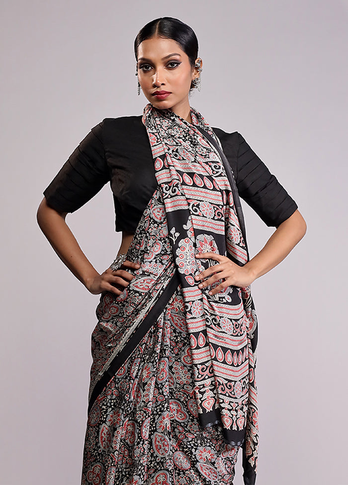 Black Printed Silk Saree Without Blouse Piece