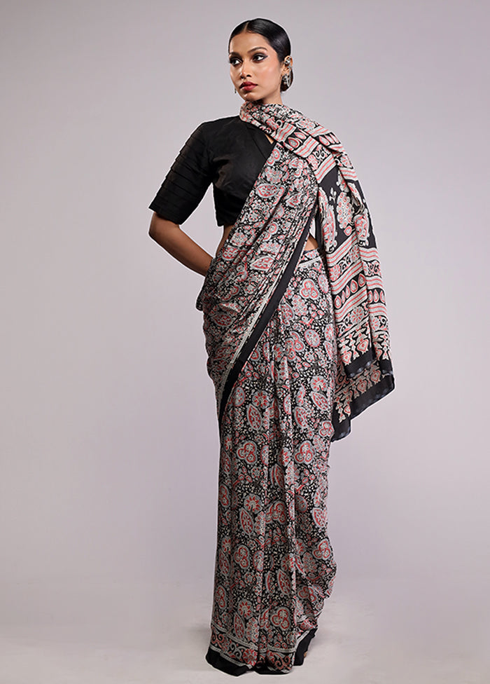 Black Printed Silk Saree Without Blouse Piece