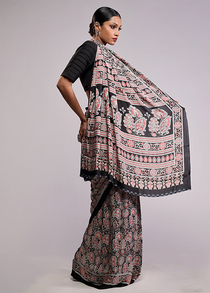 Black Printed Silk Saree Without Blouse Piece