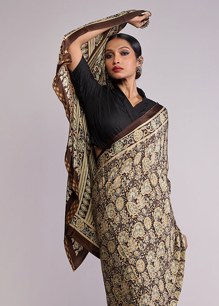 Brown Printed Silk Saree With Blouse Piece