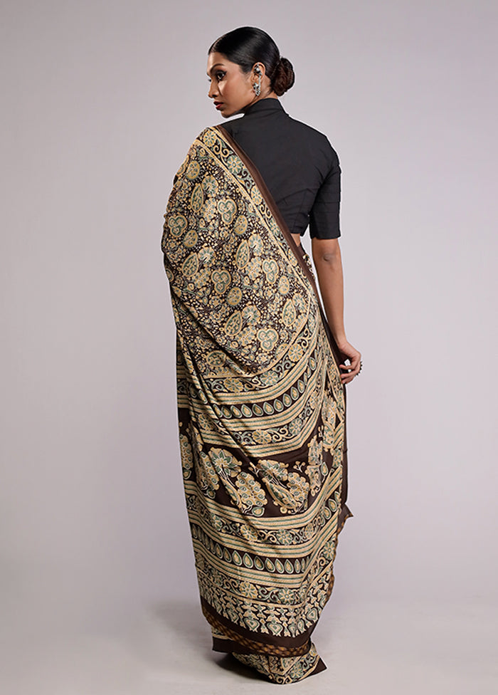 Brown Printed Silk Saree Without Blouse Piece