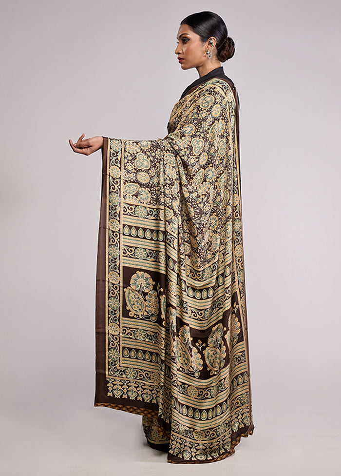 Brown Printed Silk Saree Without Blouse Piece