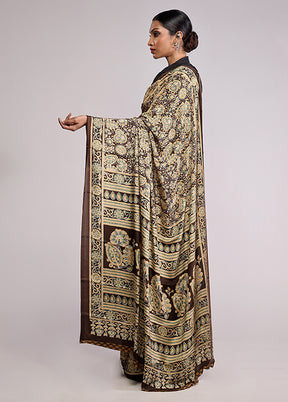 Brown Printed Silk Saree Without Blouse Piece
