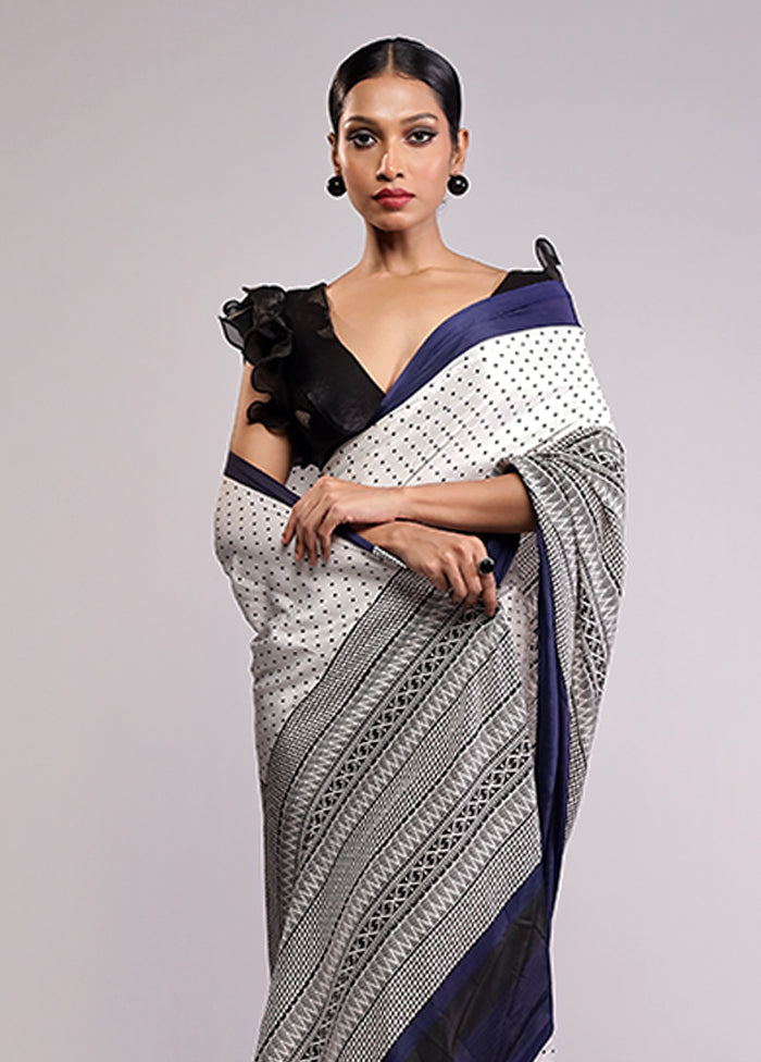 White Printed Silk Saree With Blouse Piece