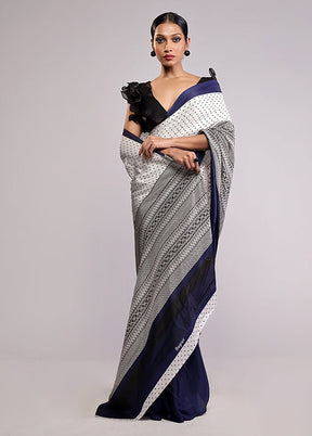 White Printed Silk Saree With Blouse Piece