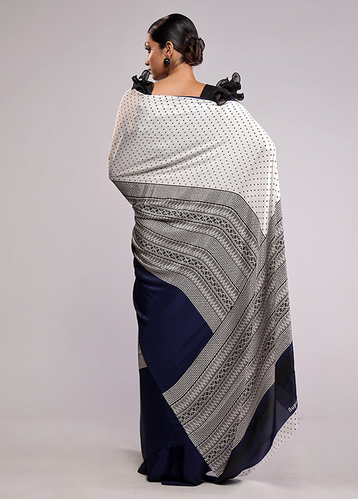 White Printed Silk Saree With Blouse Piece