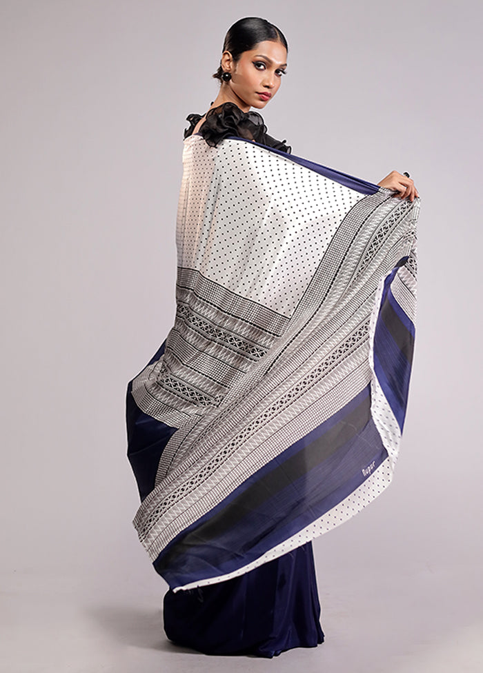 White Printed Silk Saree With Blouse Piece
