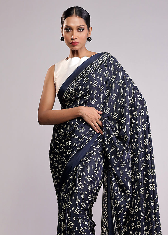 Blue Printed Silk Saree With Blouse Piece