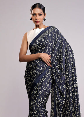 Blue Printed Silk Saree With Blouse Piece