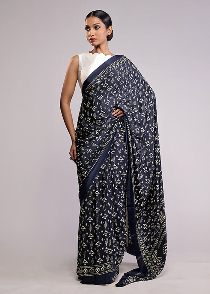 Blue Printed Silk Saree With Blouse Piece