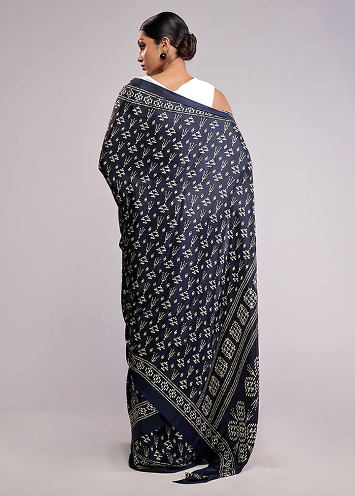 Blue Printed Silk Saree With Blouse Piece