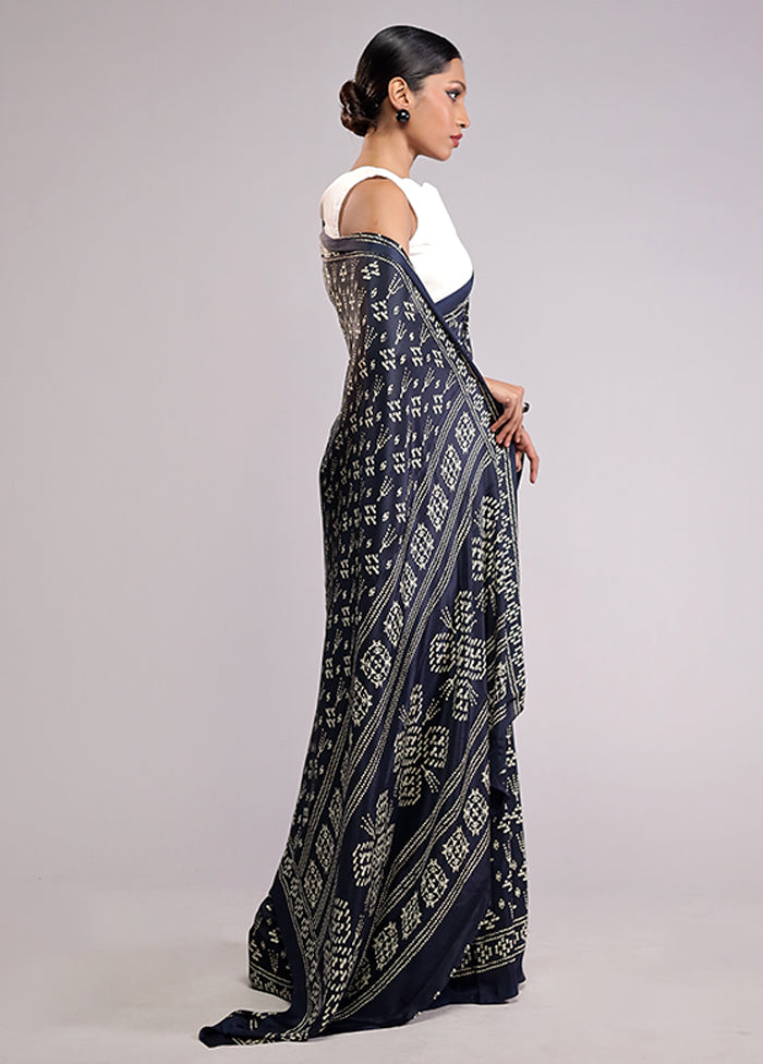 Blue Printed Silk Saree With Blouse Piece