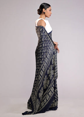 Blue Printed Silk Saree With Blouse Piece