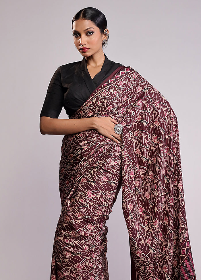 Maroon Printed Silk Saree With Blouse Piece