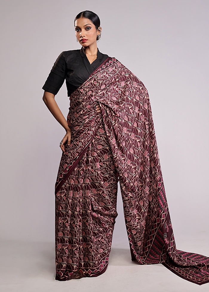 Maroon Printed Silk Saree Without Blouse Piece