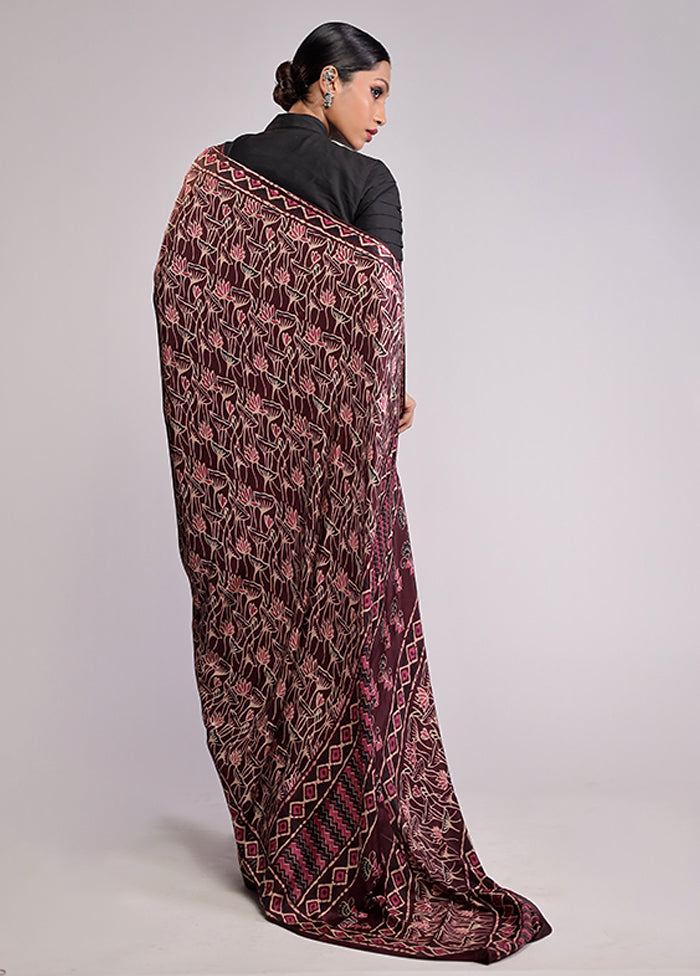 Maroon Printed Silk Saree With Blouse Piece