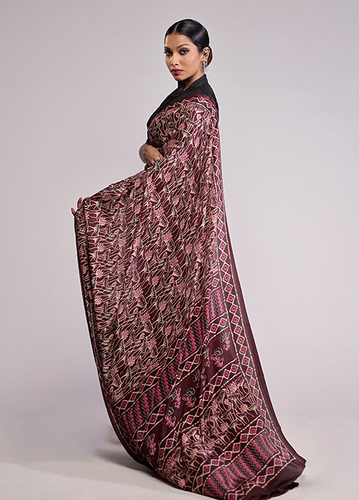 Maroon Printed Silk Saree With Blouse Piece