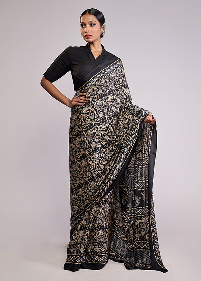 Black Printed Silk Saree Without Blouse Piece
