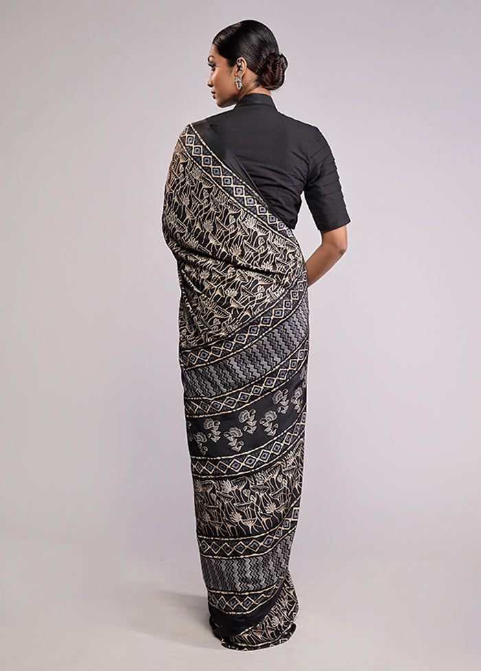 Black Printed Silk Saree Without Blouse Piece
