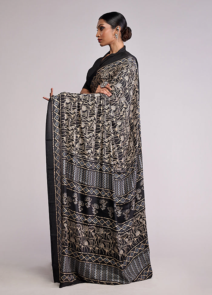 Black Printed Silk Saree Without Blouse Piece