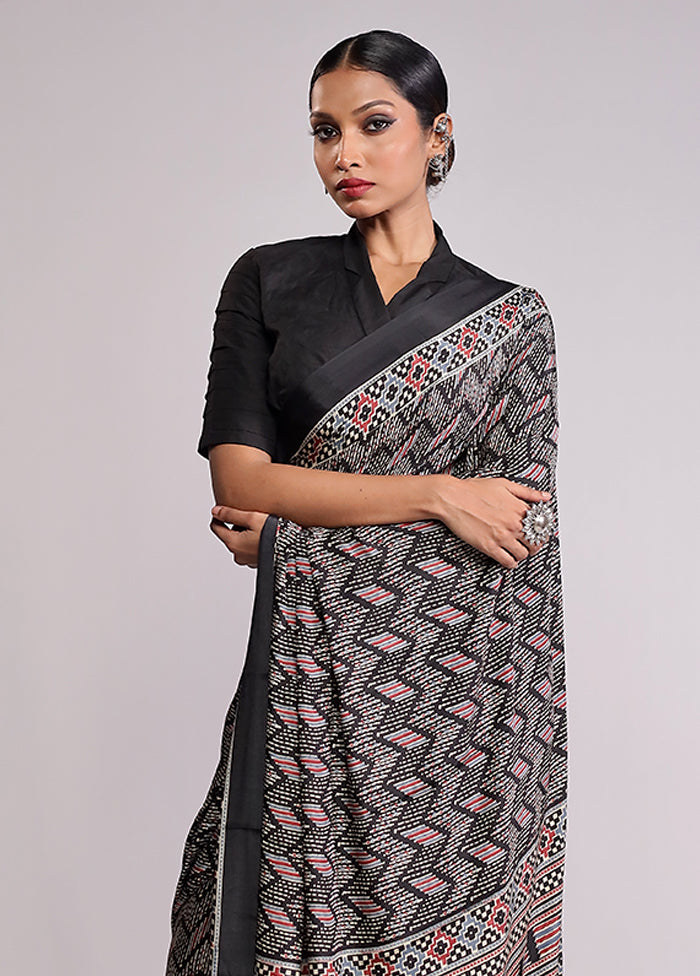 Black Printed Silk Saree Without Blouse Piece