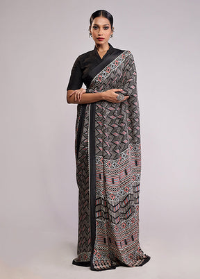 Black Printed Silk Saree Without Blouse Piece