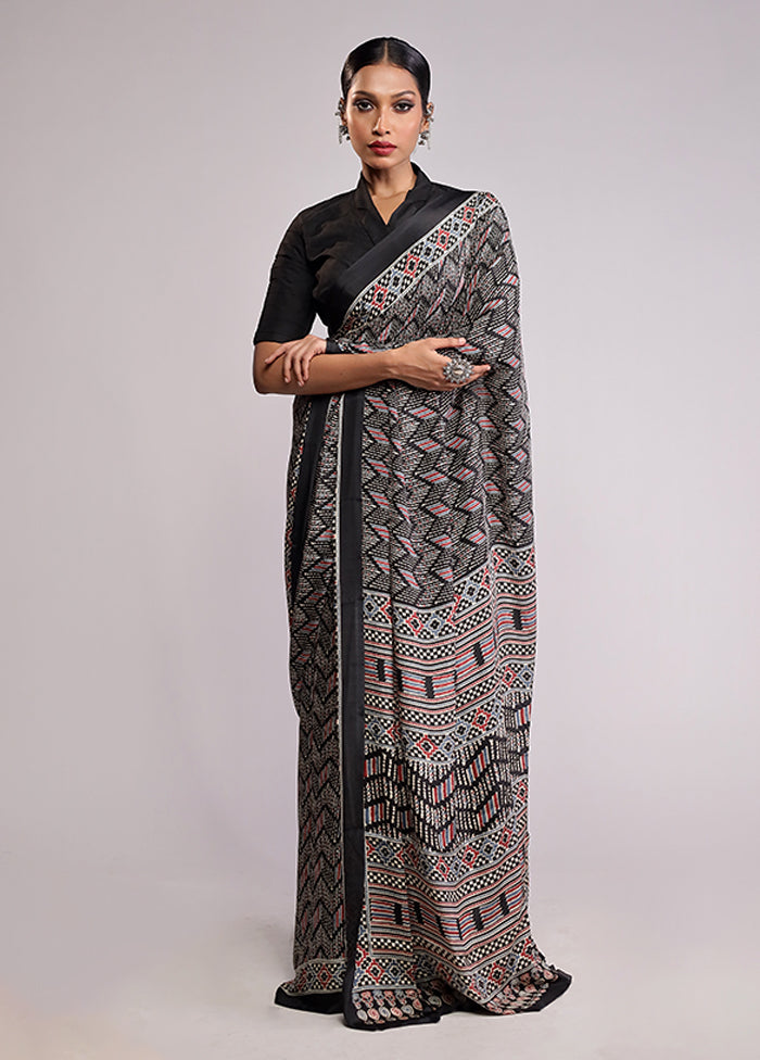 Black Printed Silk Saree Without Blouse Piece