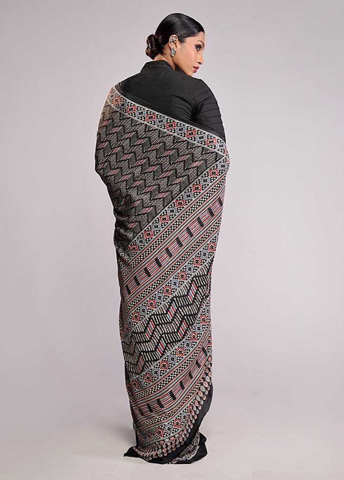 Black Printed Silk Saree Without Blouse Piece