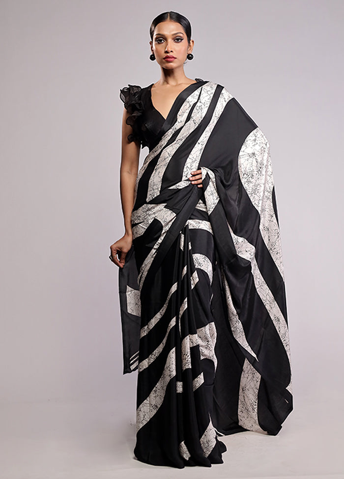 Black Printed Silk Saree Without Blouse Piece