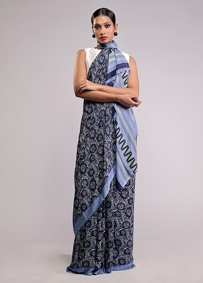 Blue Printed Silk Saree With Blouse Piece