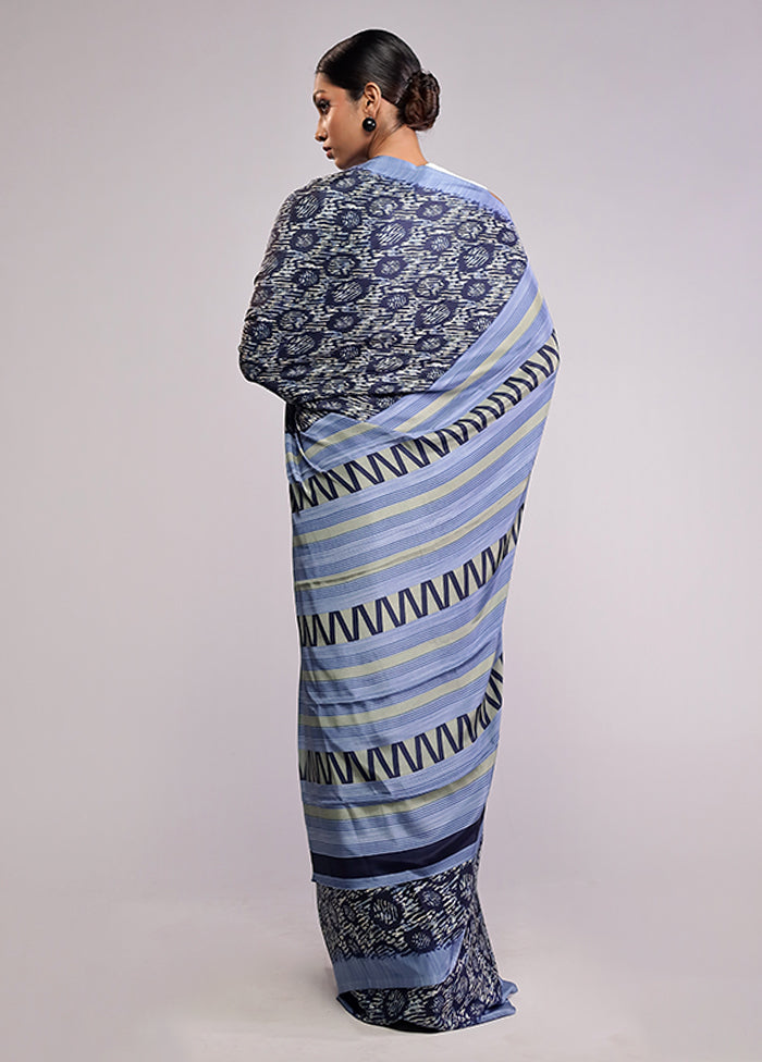 Blue Printed Silk Saree With Blouse Piece