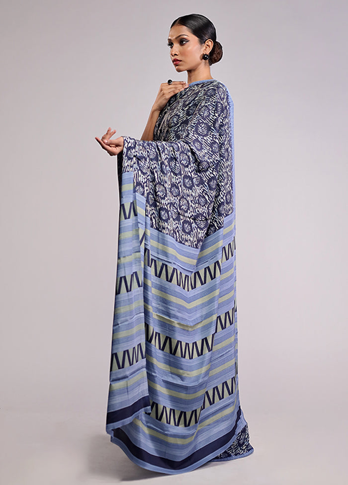 Blue Printed Silk Saree With Blouse Piece