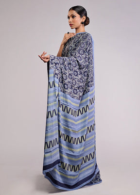 Blue Printed Silk Saree With Blouse Piece